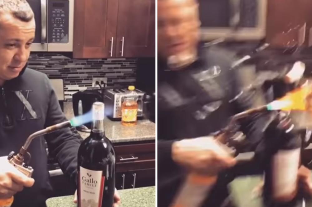 HTEO JE DA BUDE FACA I OTVORI VINO NA NESVAKIDAŠNJI NAČIN: To mu se BUKVALNO obilo o glavu (VIDEO)