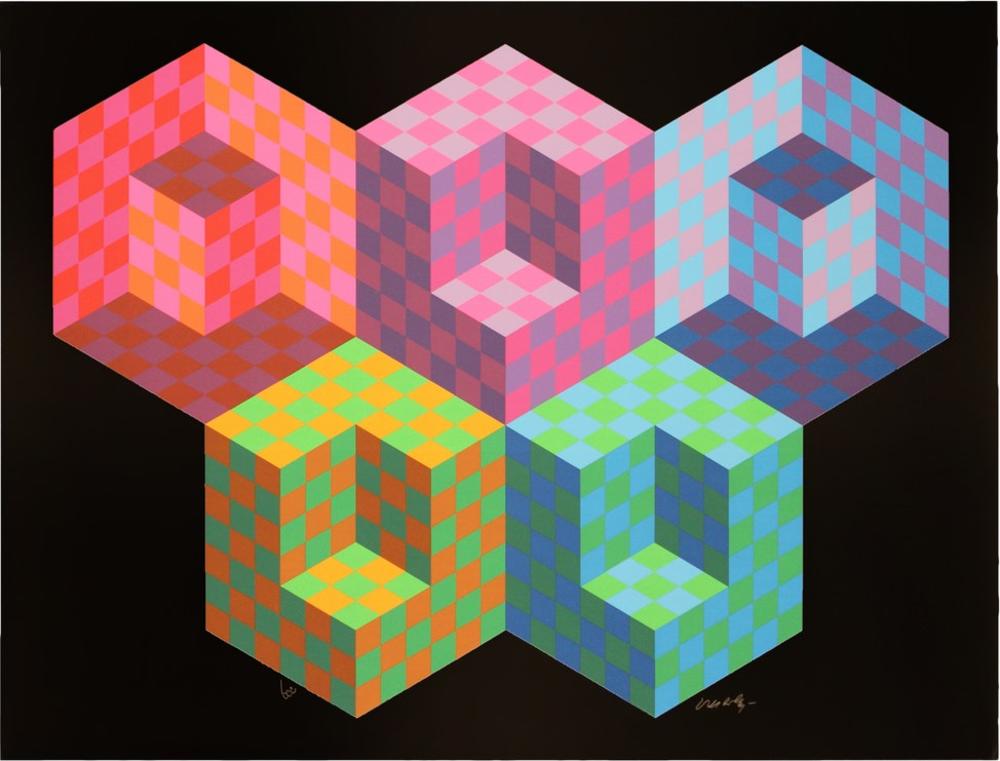 Hexa 5 (slika popularno nazvana 'Op Art olimpijski logo), kolor print u 300 primeraka, 29 x 39 cm, 1988 