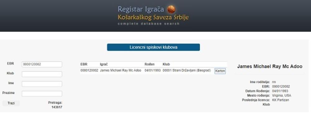 Registracija Džejmsa Mekadua  