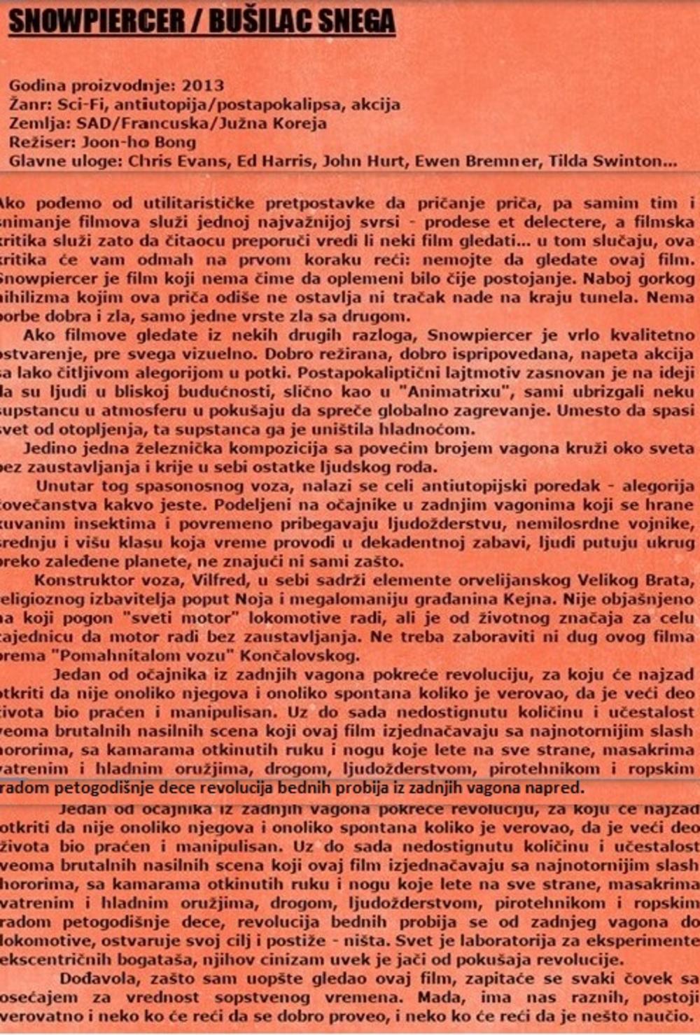 Moja recenzija filma Snowpiercer iz 2014