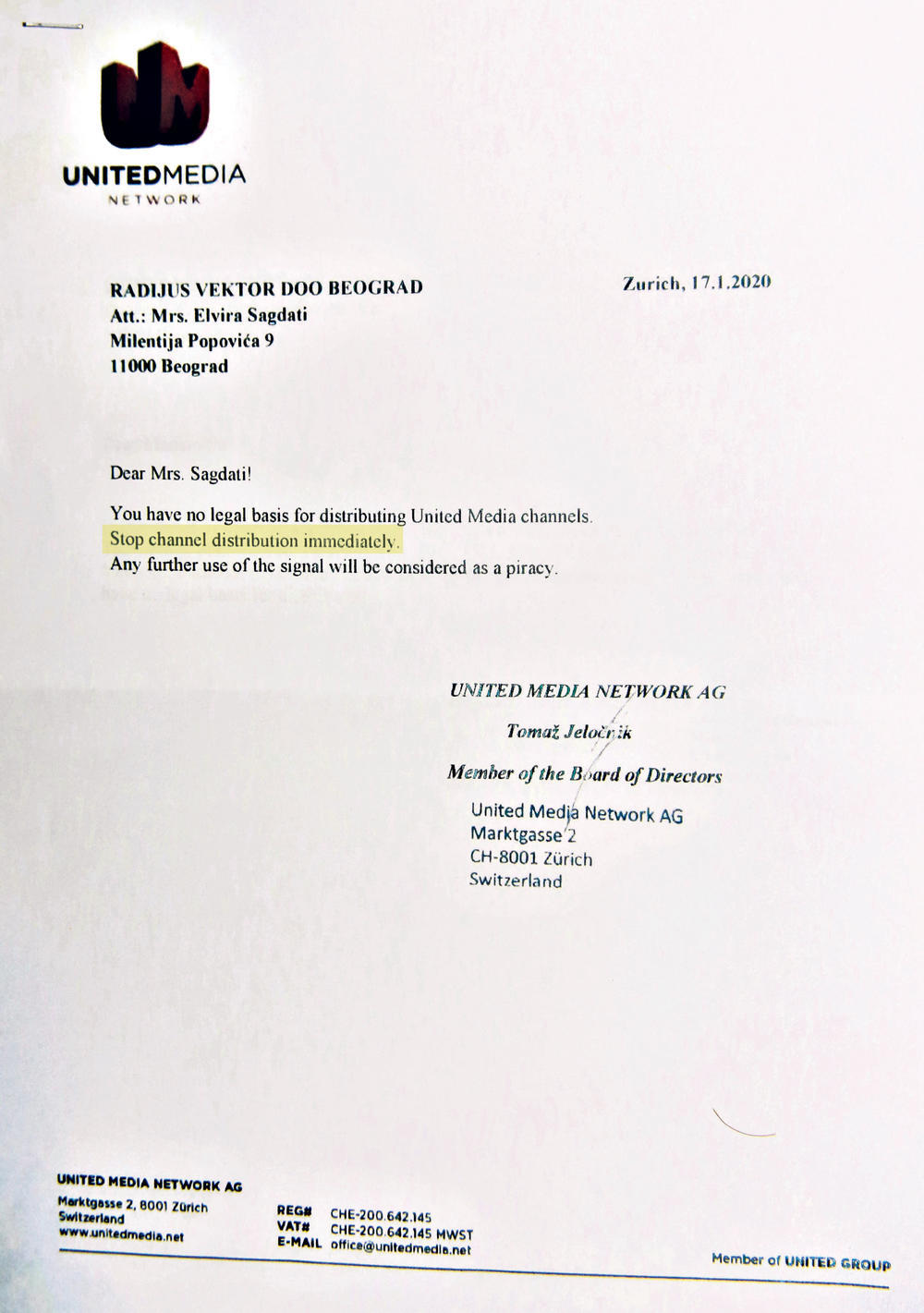 DOKAZ... PISMA U KOJIMA JE JUNAJTED MEDIJA NAREDILA GAŠENJE SIGNALA  