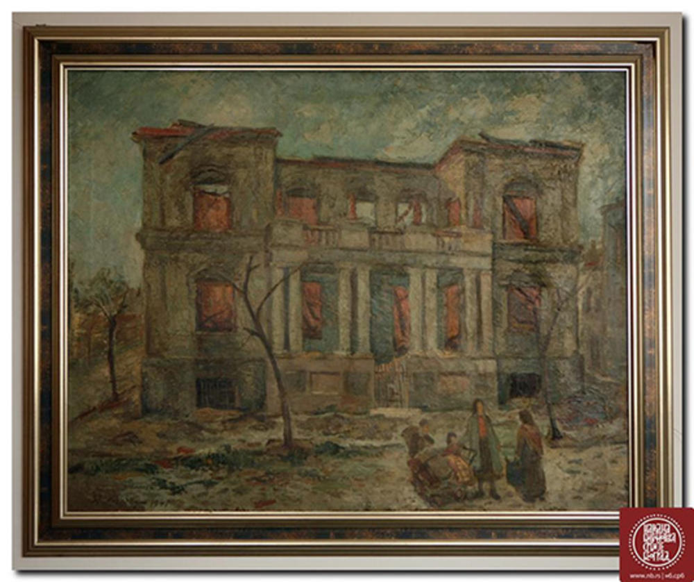 Anton Huter: Spaljivanje zgrade Narodne biblioteke Srbije, ulje na platnu