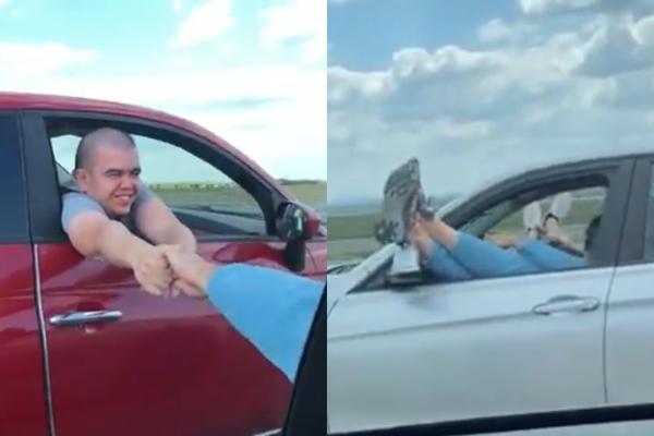 PRIJATELJ POZNATE JUTJUBERKE VOZI AUTO-PUTEM S NOGAMA KROZ PROZOR: Roditelji, ne dajte deci da se ugledaju na njih!