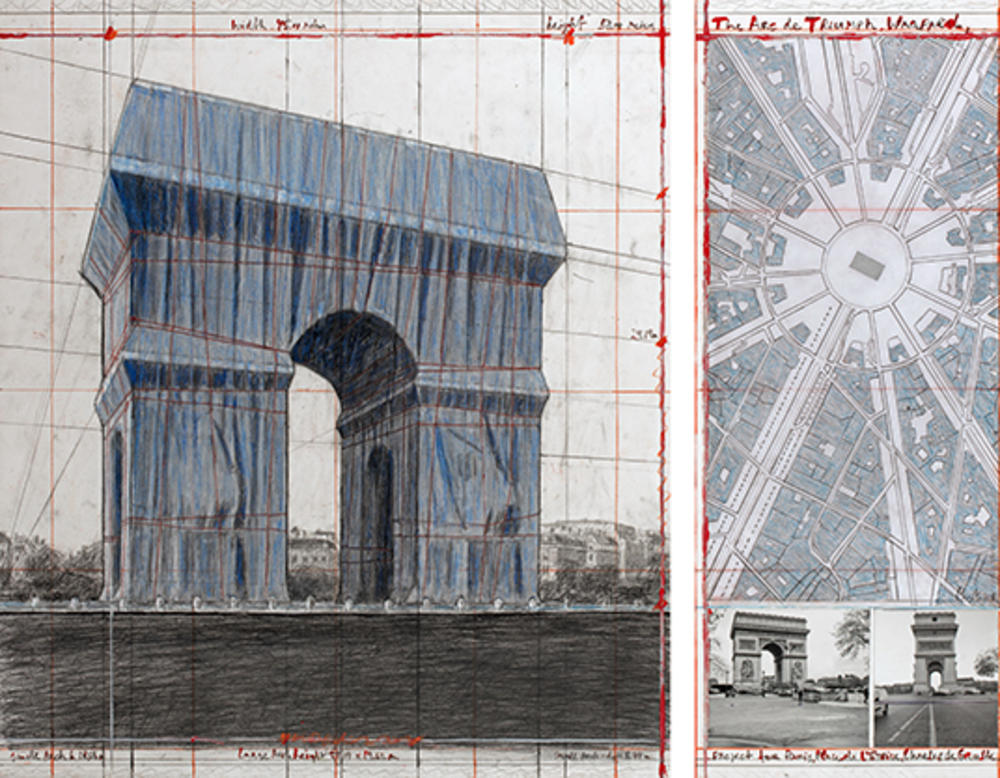 Hristo, The Arc de Triumph, Wrapped, Project for Paris, Place de l'Etoile, Charles de Gaulle Collage 2018. u dva dela, foto: Wolfgang Volz; rukom crtana mapa - foto: André Grossmann © 2018 Christo