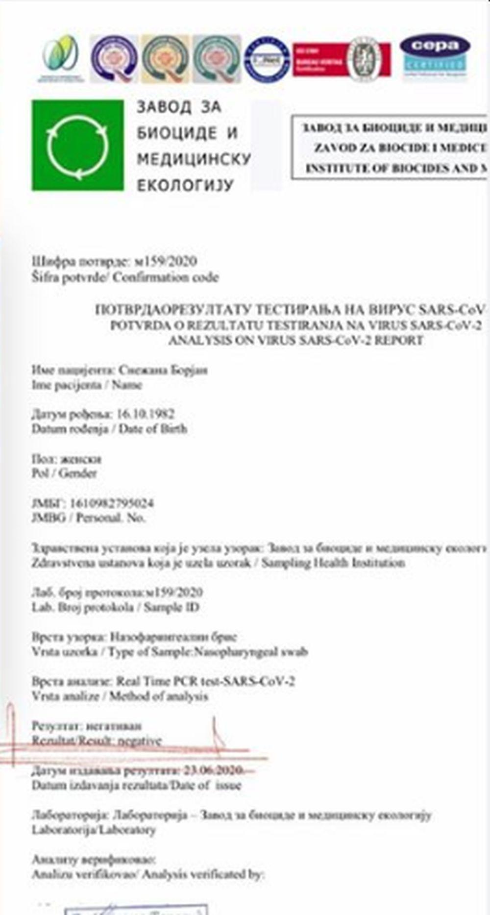 Test Snežane Borjan na koronu