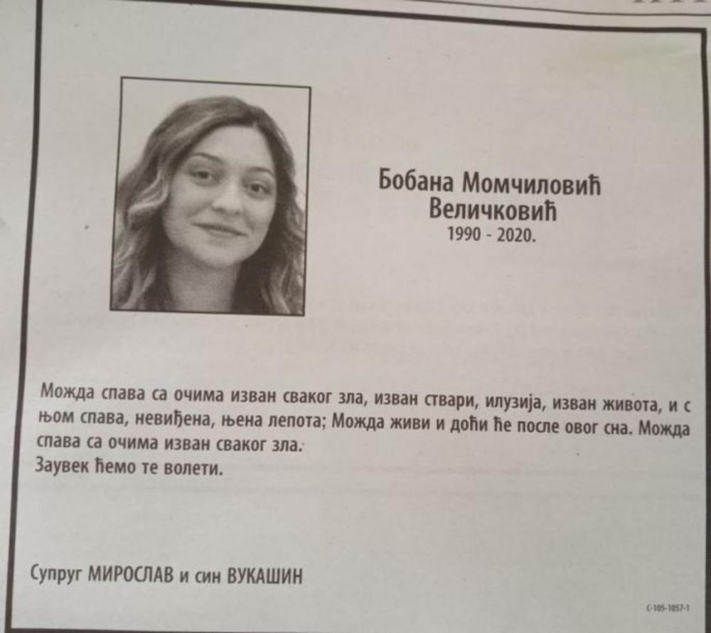 Čitulja za Bobanu Momčilović - Veličković  