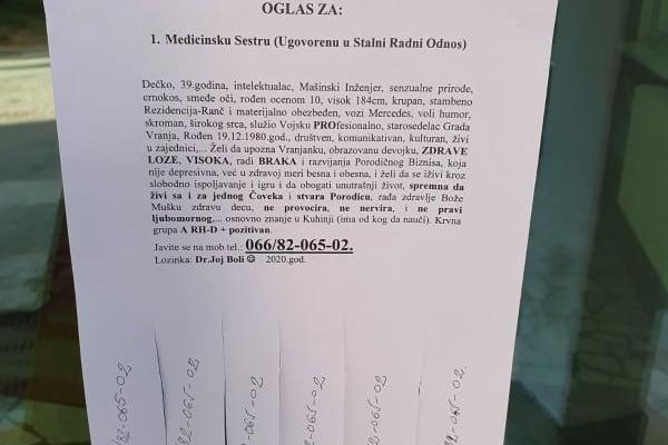 (HIT FOTO) VRANJANAC DAO OGLAS ZA ŽENIDBU: Treba mi besna i obesna! OVO su ostali urnebesni kriterijumi