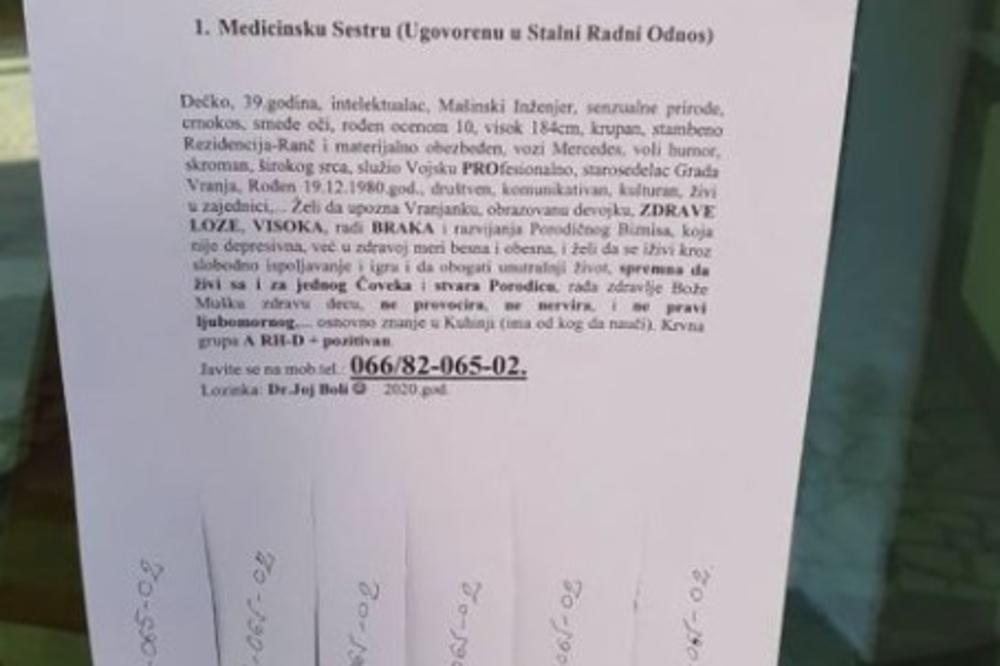 Traži se žena koja ne nervira i ne provocira! URNEBESAN OGLAS VRANJANCA, AKO ISPUNJAVATE OVE USLOVE, JAVITE SE