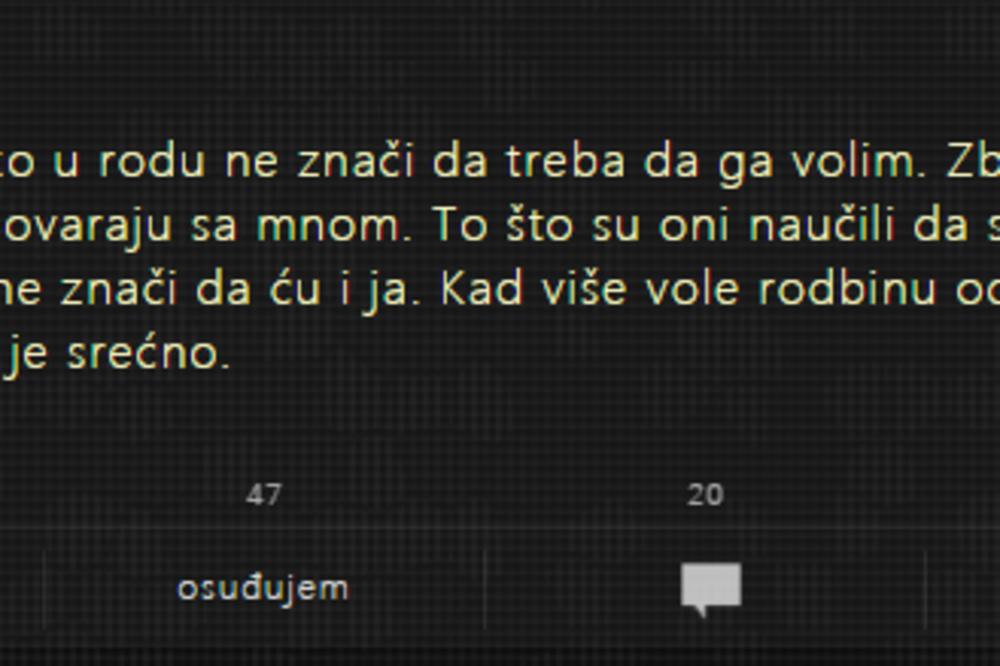MOJI RODITELJI NE PRIČAJU SA MNOM, AKO MI JE NEKO ROD NE ZNAČI DA TREBA DA GA VOLIM: Srpkinja ubada u metu