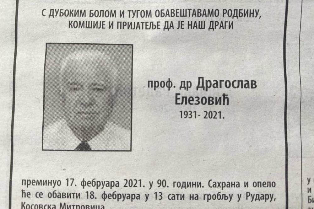 TUGA, UMRO DR ELEZOVIĆ: Srbi na Kosovu izgubili VELIKOG STRUČNJAKA