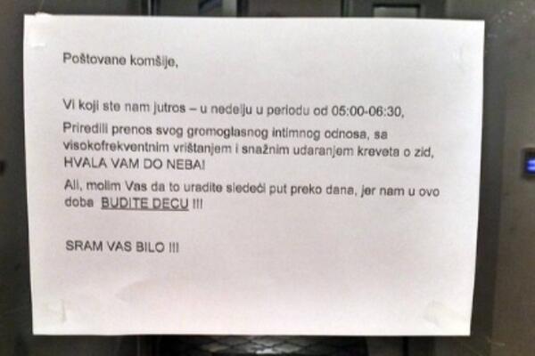 BESNE KOMŠIJE OSTAVILE PORUKU, TVITER SE USIJAO: ''Uznemirava nas buka koju pravite u toku INTIMNIH ODNOSA'' (FOTO)