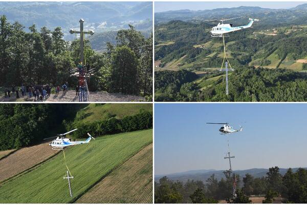 NEBESKI SPEKTAKL U SRBIJI: Moćni helikopteri doneli DŽINOVSKI KRST na Bojčicu! (VIDEO)