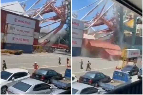 NESVAKIDAŠNJA NESREĆA NA TAJVANU: Teretni brod udario u dizalicu, druga dizalica pala na kontejnere! (VIDEO)