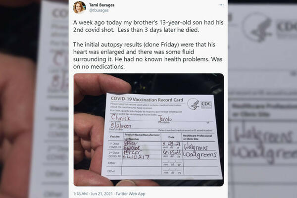 OD ČEGA JE UMRO DŽEJKOB (13)? Žena koja tvrdi da mu je tetka kaže da mu je srce stalo 3 dana posle 2. doze vakcine