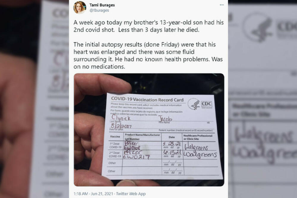 OD ČEGA JE UMRO DŽEJKOB (13)? Žena koja tvrdi da mu je tetka kaže da mu je srce stalo 3 dana posle 2. doze vakcine