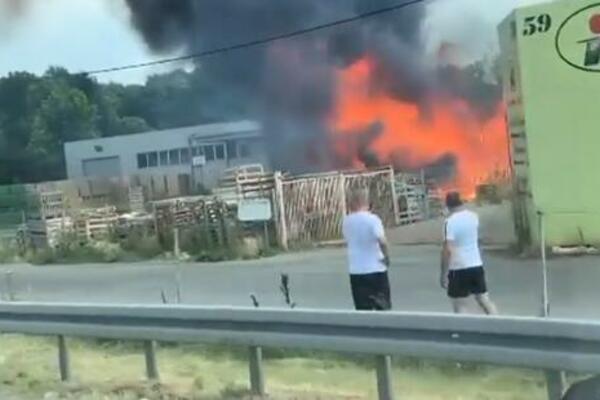 POŽAR U SKLADIŠTU KOD ZEMUNA: Kulja gusti dim, vatrogasci ne mogu da priđu (FOTO)