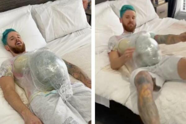 HIT! REŠIO DA VIDI KAKO IZGLEDA BITI TRUDAN NA JEDAN DAN: Nije mogao da USTANE iz kreveta od lažnog stomaka (VIDEO)