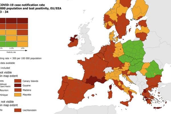 SITUACIJA ZNAČAJNO DRUGAČIJA NA NOVOJ KORONA-KARTI EU: Delovi Hrvatske prešli u CRVENU ZONU (FOTO)
