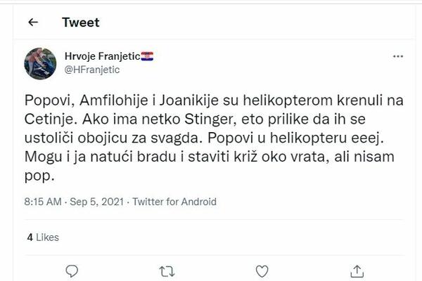 STRAVIČNO, POZIV NA UBISTVO PORFIRIJA I JOANIKIJA! Hrvatski ekstremista se oglasio na TVITERU!