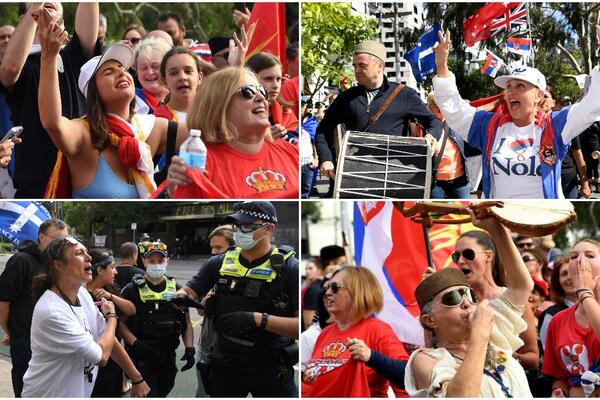 SRBI NAPRAVILI ŽURKU ISPRED ĐOKOVIĆEVOG SMEŠTAJA: Kolo, zastave, piće, bubnjevi, grmeo 'Đurđevdan'! (VIDEO)