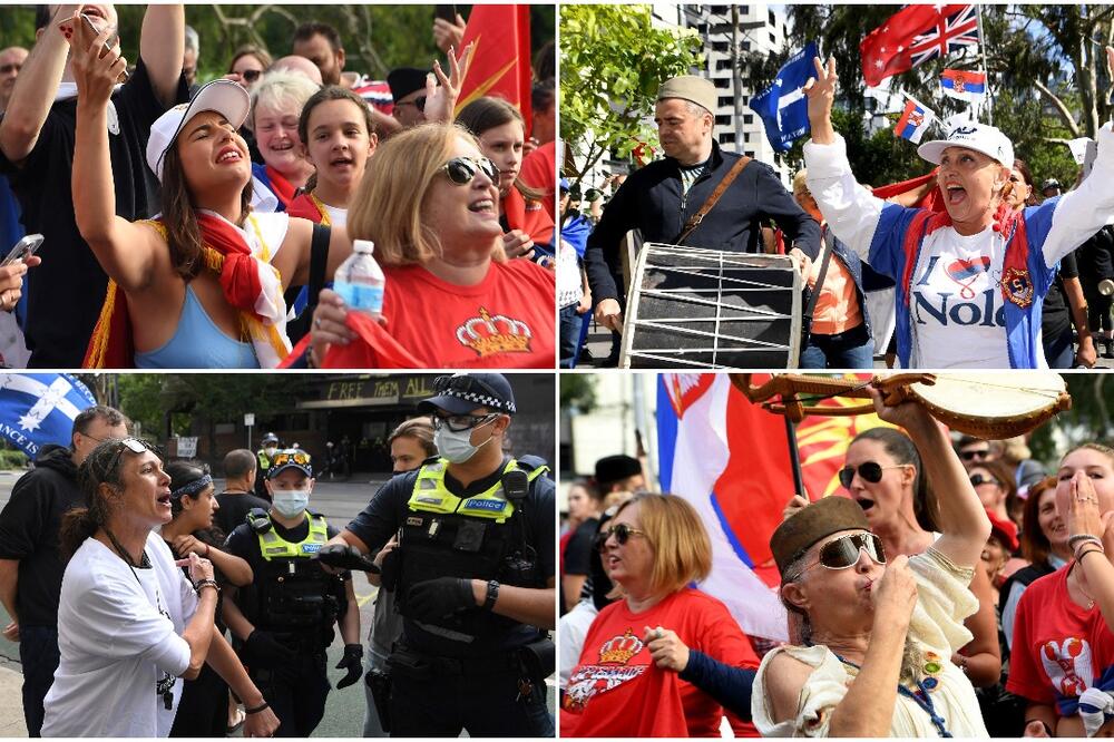 SRBI NAPRAVILI ŽURKU ISPRED ĐOKOVIĆEVOG SMEŠTAJA: Kolo, zastave, piće, bubnjevi, grmeo 'Đurđevdan'! (VIDEO)