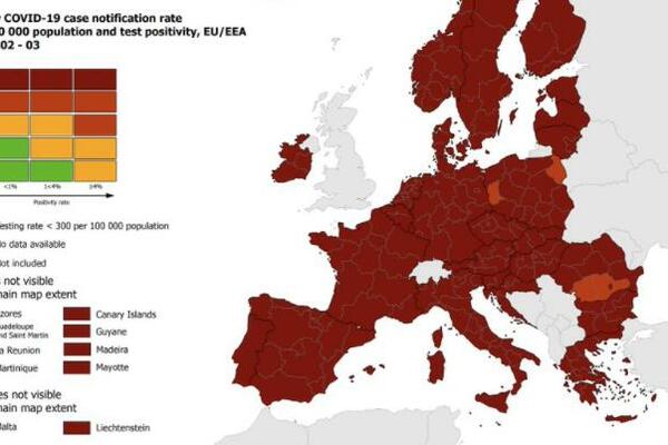 OBJAVLJENA NOVA KORONA-KARTA EVROPSKE UNIJE! Zelene ni na vidiku, skoro sve u TAMNOCRVENOJ boji (FOTO)