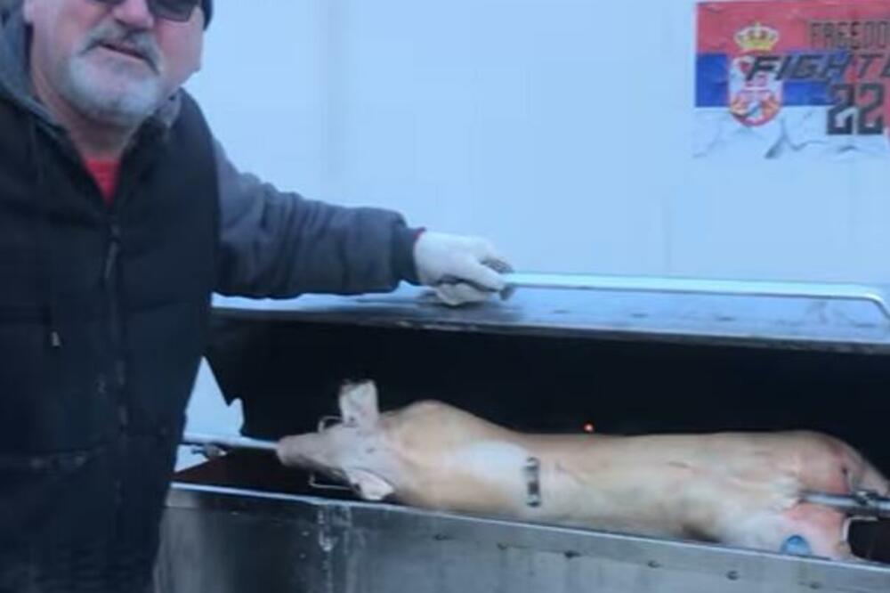 SRPSKI VOZAČI KAMIONA PEKLI PRASE NA PROTESTU PROTIV OBAVEZNE VAKCINACIJE U KANADI: Razvili i trobojku (VIDEO)