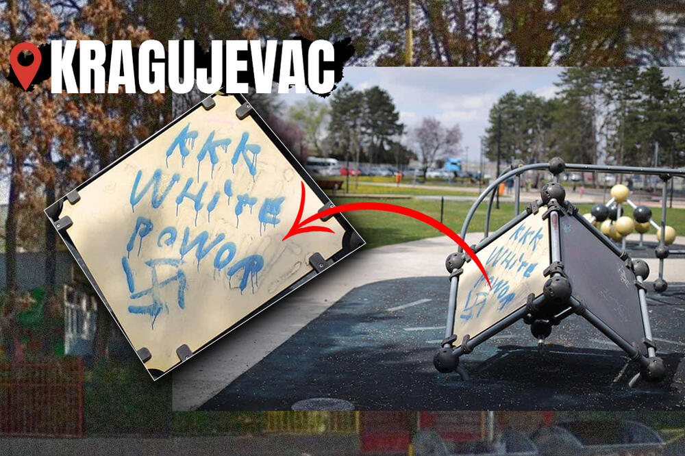 HOROR NATPIS NA DEČIJEM IGRALIŠTU U KRAGUJEVCU: Kukast krst i poruka nepismenjakovića! (FOTO)