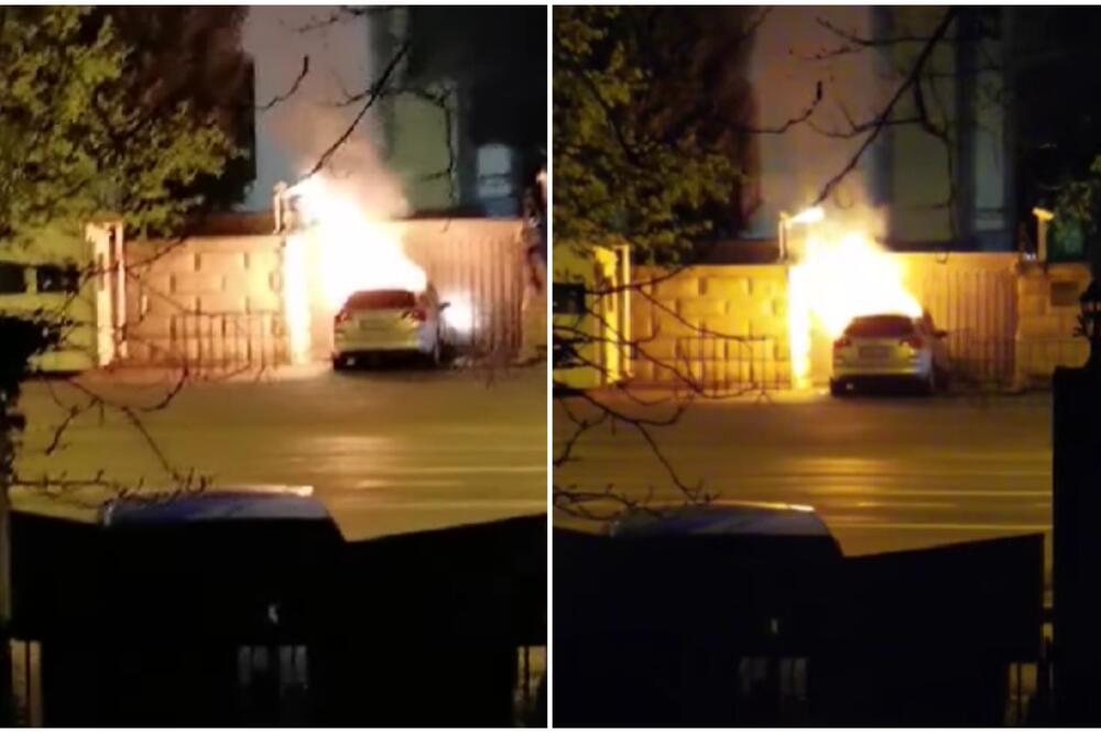 PRVE SCENE IZ BUKUREŠTA! Automobil u plamenu ispred ruske ambasade, vozač izgoreo za volanom (VIDEO)
