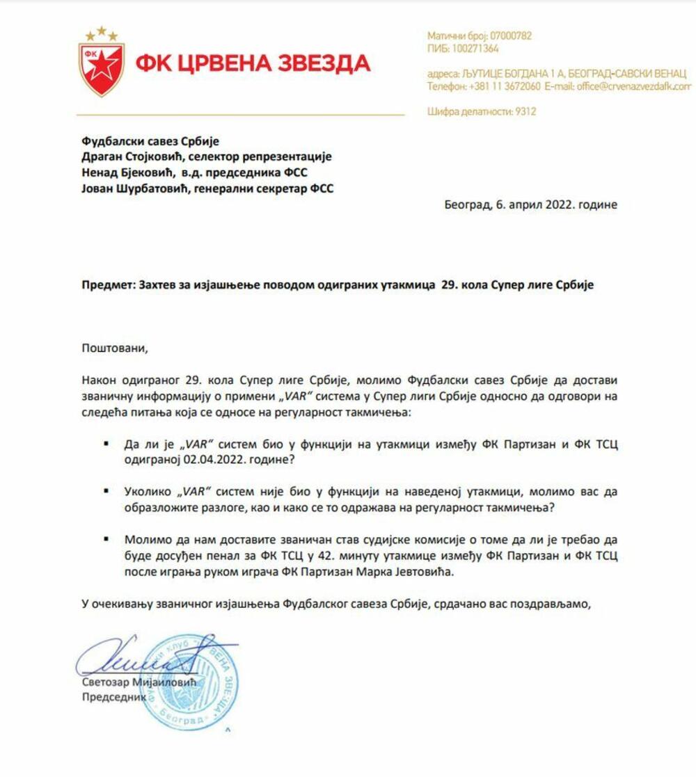 Dopis Crvene zvezde FSS