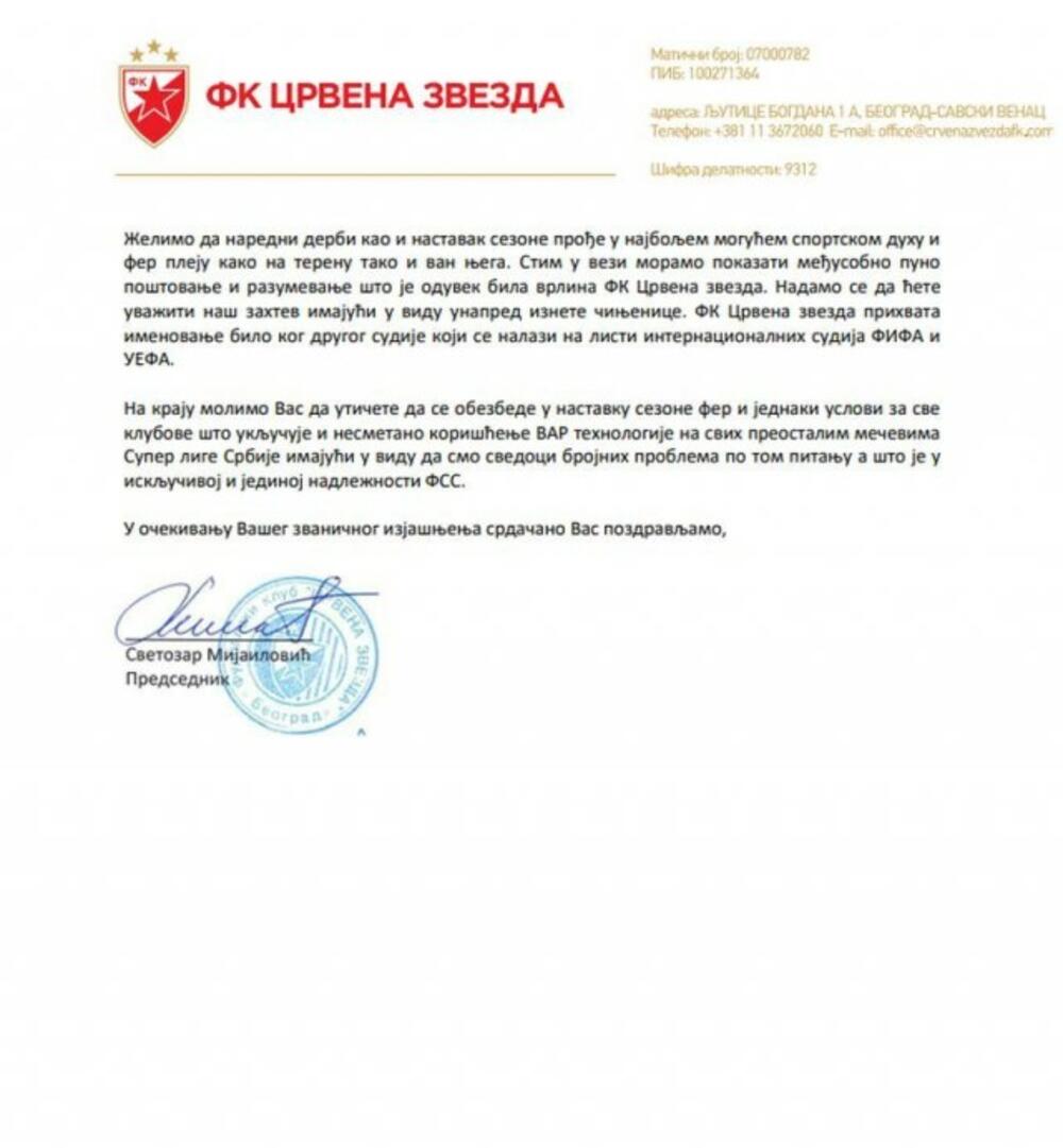 FK Crvena zvezda, Saopštenje, Fudbal