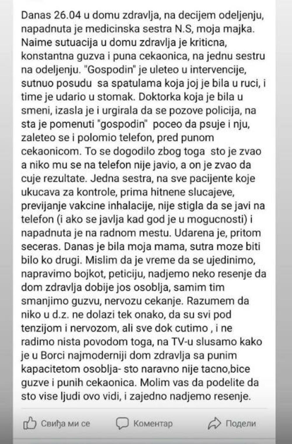 Napadnuta medicinska sestra u Borči