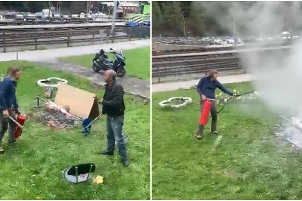 BOSANAC OKRETAO JAGNJE U DVORIŠTU, NAORUŽANI KOMŠA GASIO RAŽANJ PROTIVPOŽARNIM APARATOM: Ostaćete u ŠOKU! (VIDEO)