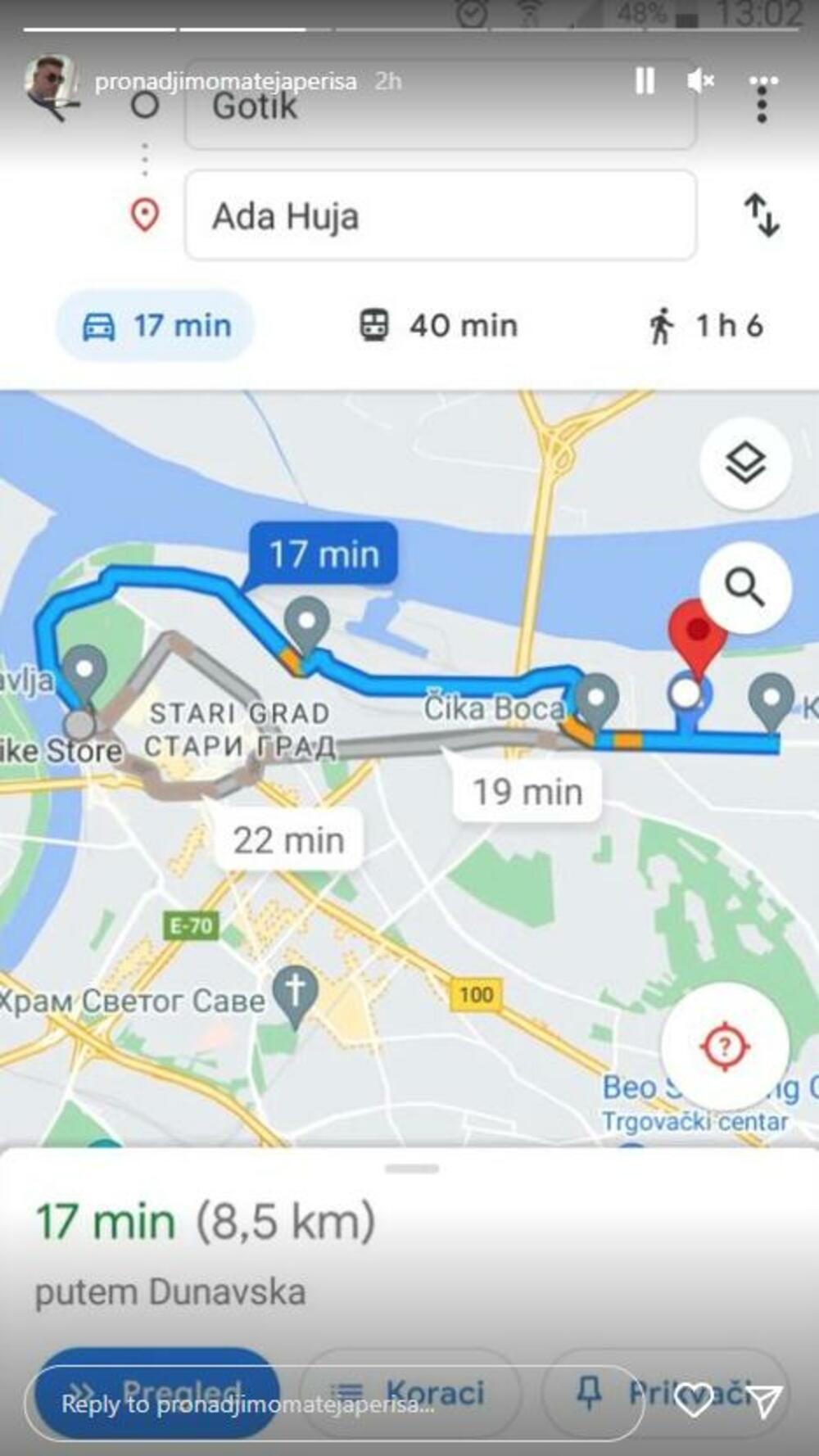 Mapa kretanja Mateja Periša