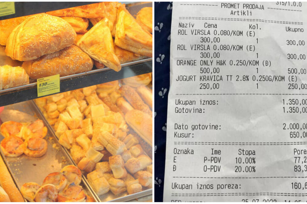 DVE ROL VIRŠLE, SOK I JOGURT SU IH KOŠTALI ČETIRI CIFRE I TO U BEOGRADU: Račun iz PEKARE od kojeg se PADA U NESVEST