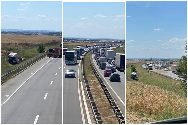 PRVE SLIKE SA MESTA GDE SU SE SUDARILA DVA ŠLEPERA NA AUTO-PUTU KOD BANOVACA! Stvara se gužva, jedno vozilo u jarku