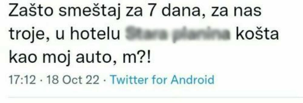 Tvit o ceni smeštaja u hotelu na Staroj Planini