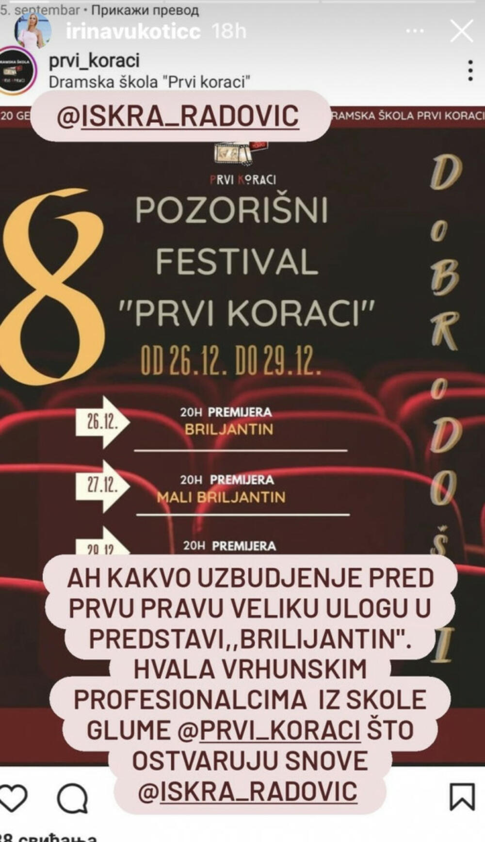 Ćerka Irine Vukotić upisala se na glumu