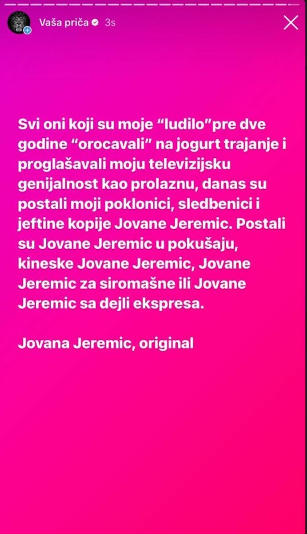 Objava Jovane Jeremić