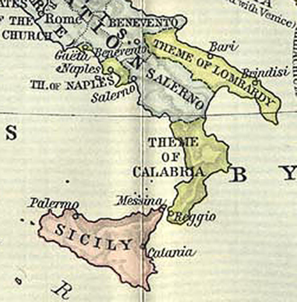 Vizantijski deo Italije oko 1000. godine (zelena boja na mapi)
