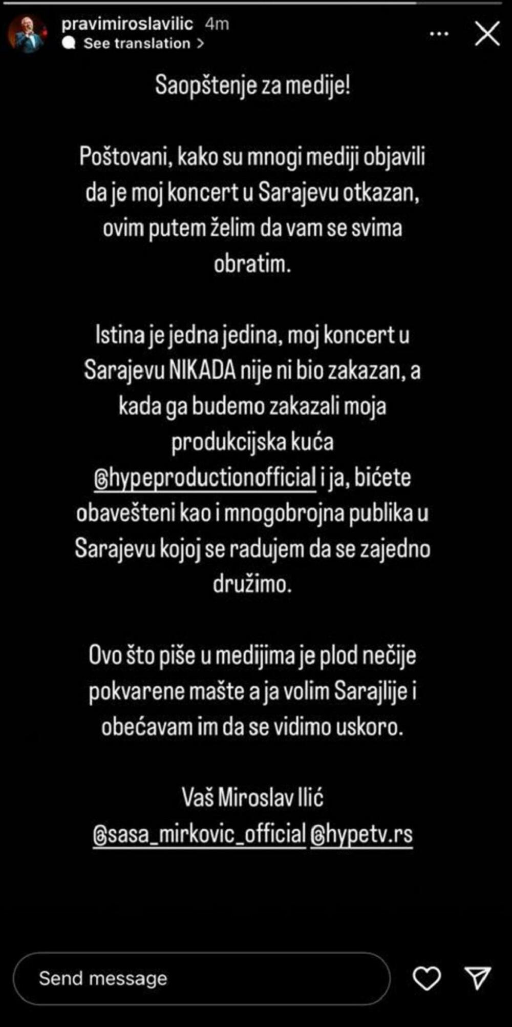 Miroslav Ilić se obratio nakon priče da je otkazao koncert u Sarajevu