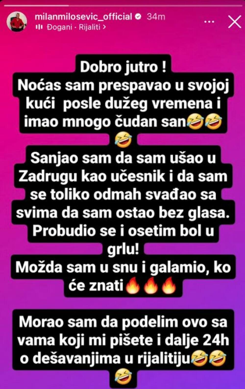 Milan Milošević sanjao da je ušao u Zadrugu