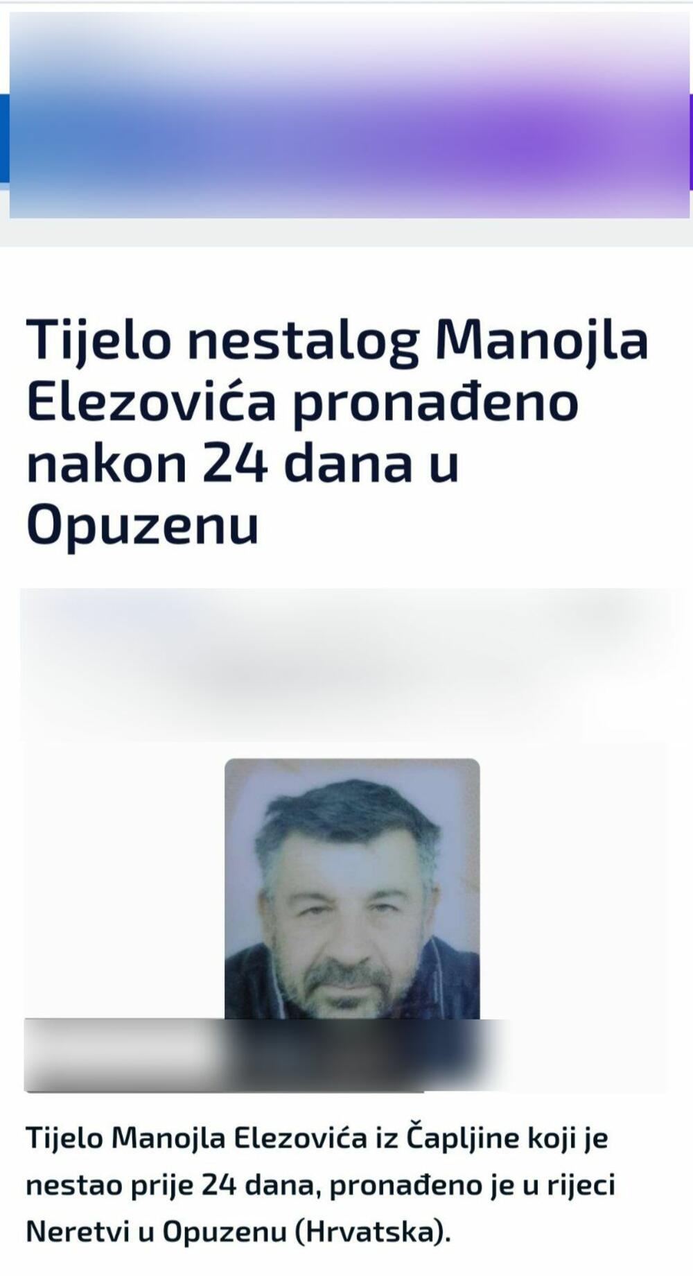 Vest o pronađenom telu Manojla Elezovića