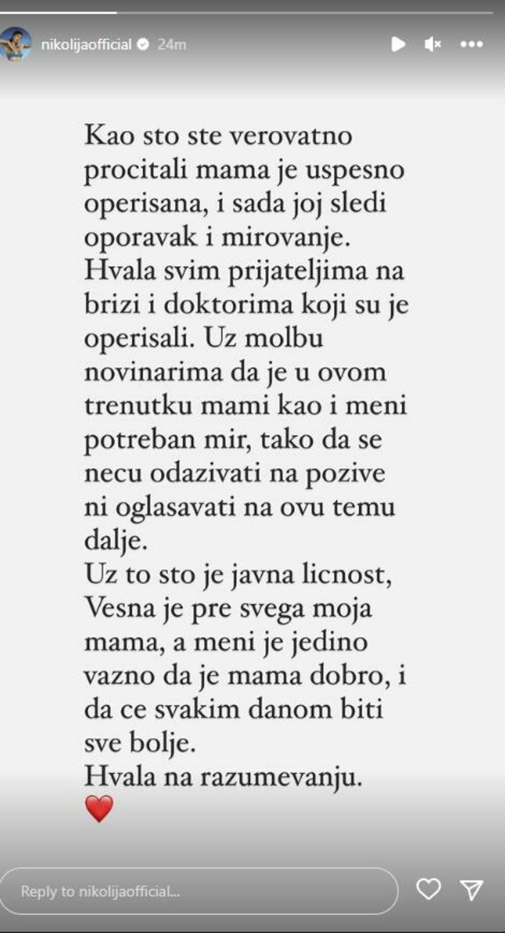 Objava Nikolije Jovanović o trenutnom stanju njene majke
