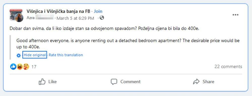 Objava na Facebook grupi