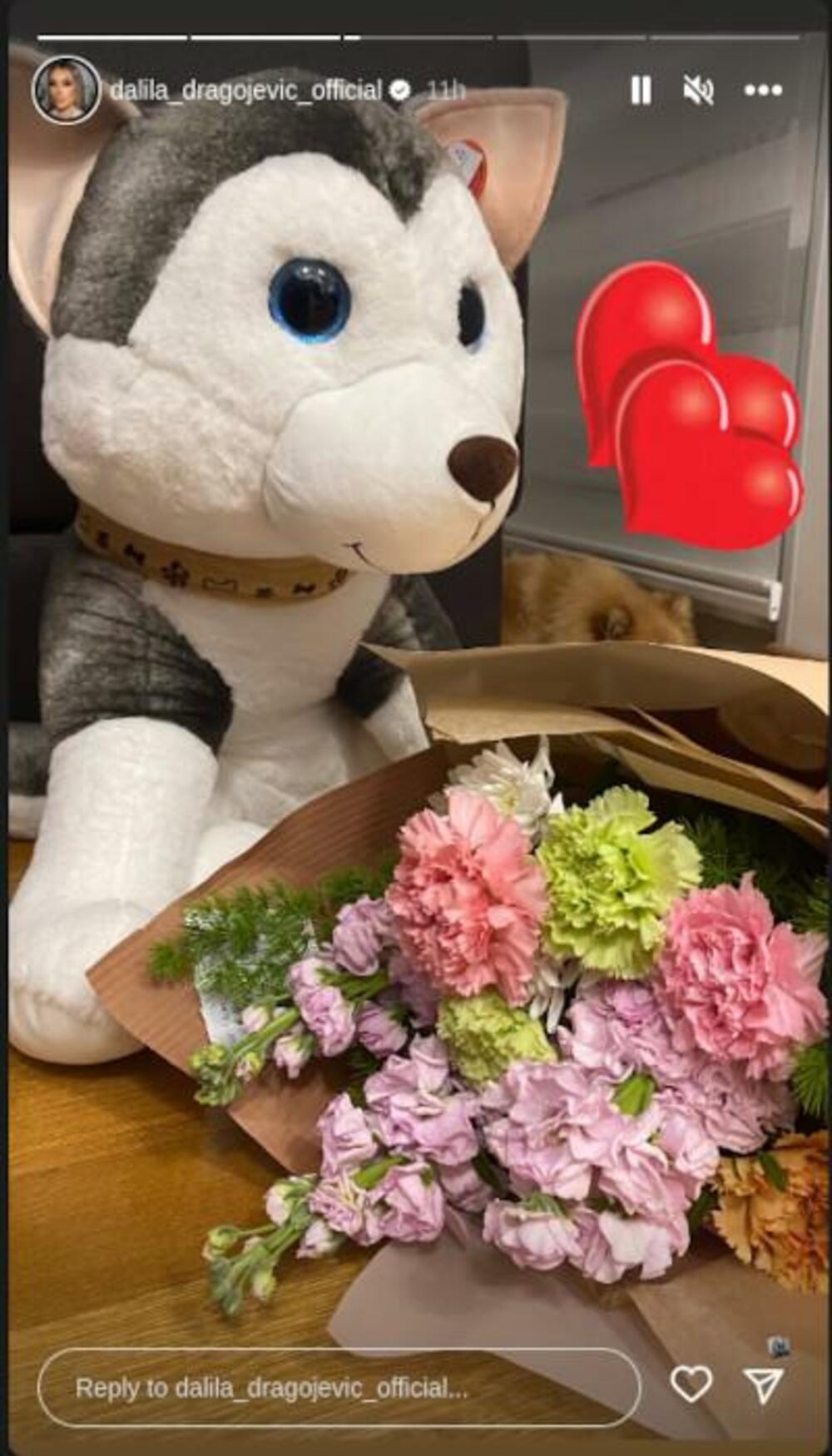 Dalila je prvo objavila plišanu igračku i buket cveća, a sliku u pozadini prati ljubavna pesma