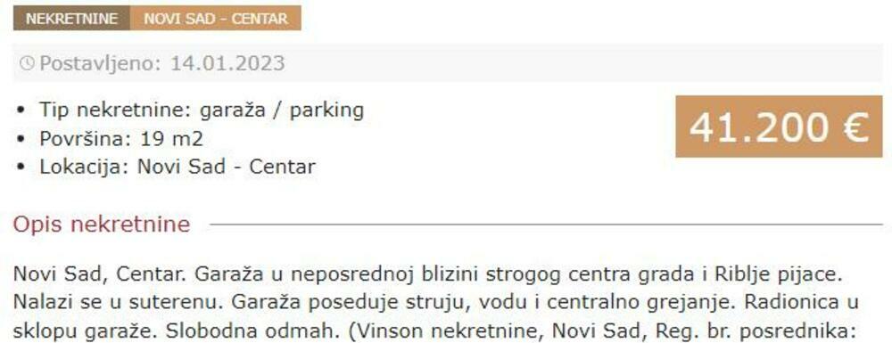 Oglas, Garaža, Novi Sad