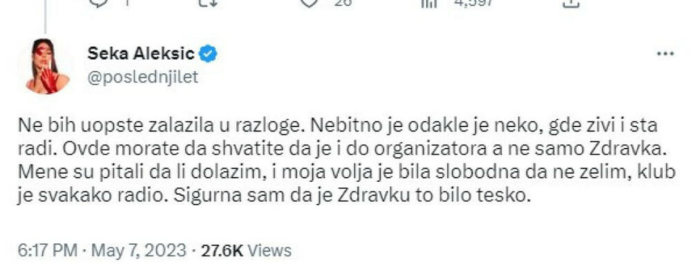 Aleksićeva je stala u zaštitu pevača