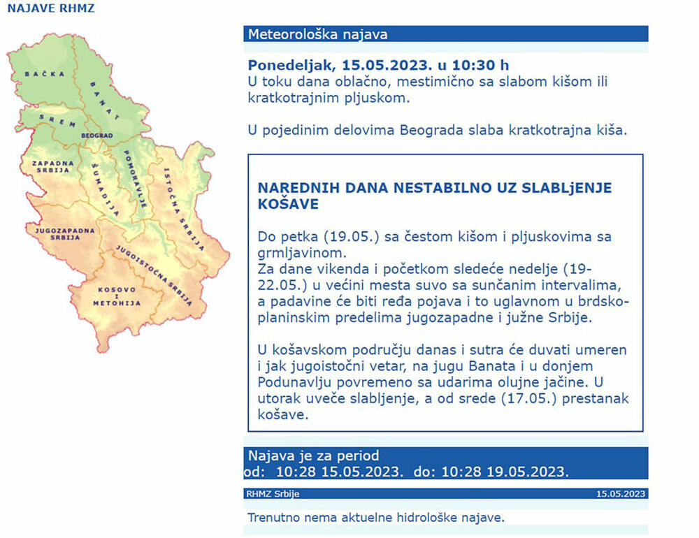 Vremenska prognoza za danas