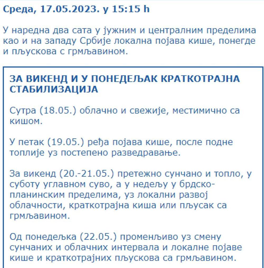 Vremenska prognoza RHMZ-a